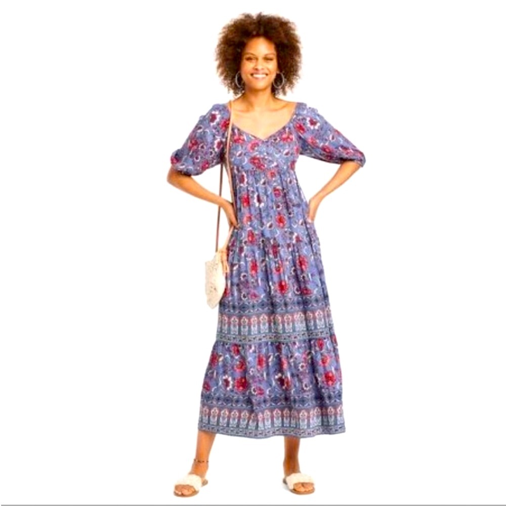 Knox Rose Maxi Dress Blue Floral Boho Peasant Cottagecore Puff Sleeve Si…